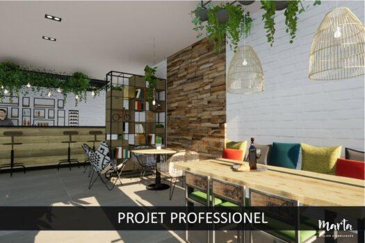 Restaurant végétarien au design industriel avec murs en briques et mobilier en métal et bois.